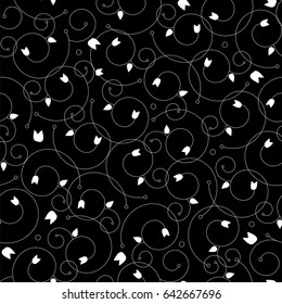 White flower on black background seamless pattern. Elegant thin line floral ornament. Ar deco vector pattern. Simple monochrome seamless pattern tile. Spring textile pattern swatch.Vintage flora tile