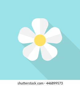 White flower on blue background. Icon with long shadow. Flat design. Vector illustration. EPS 8, no transparency