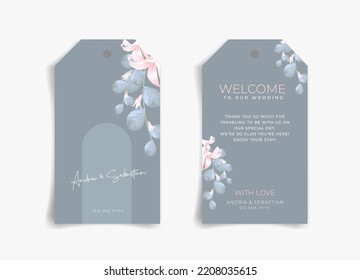 White Flower On Blue Wedding Gift Card Or Thank You Card, Wedding Tag, Gift Tag With Front Side And Backside. Nature Theme Wedding Card. Nature Cover. Wedding Tag Card Template.