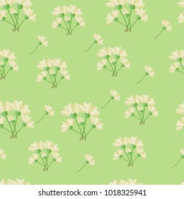 White flower on green background seamless pattern vector illustration.