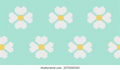 white flower on green background knitting pattern, Festive Sweater Design. Seamless Knitted Pattern