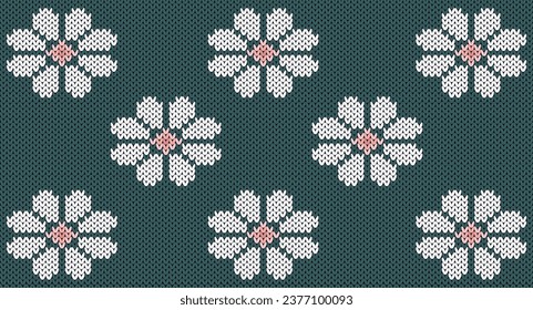 White flower on green knitted pattern, Festive Sweater Design. Seamless Knitted Pattern