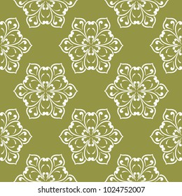 White flower on olive green background. Seamless pattern for textile and wallpapers