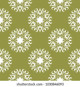 White flower on olive green background. Seamless pattern for textile and wallpapers