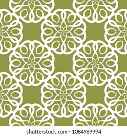 White flower on olive green background. Seamless pattern for textile and wallpapers