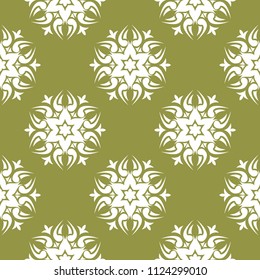 White flower on olive green background. Seamless pattern for textile and wallpapers