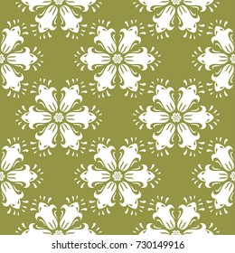 White flower on olive green background. Seamless pattern for textile and wallpapers