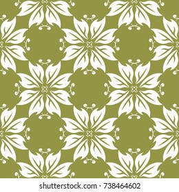 White flower on olive green background. Seamless pattern for textile and wallpapers