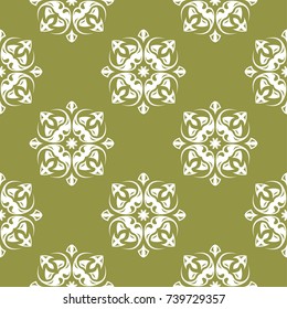 White flower on olive green background. Seamless pattern for textile and wallpapers