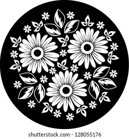 White flower ornament on a black background. Vector illustration.