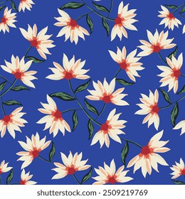 White flower pattern against blue background