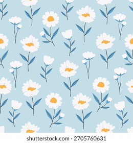 Patrón de flores blancas con hojas azules sobre un fondo azul claro pastel. Ilustración vectorial inconsútil conveniente para la tela, el papel, el Fondo de pantalla, y el diseño textil.
