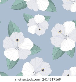 White flower pattern on a blue background. vector seamless texture. Hibiscus. Green leaves. Print. Card. Fabric. Wrapping paper. Textile. Abstract Illustration. Wedding invitation.