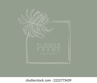 White flower postcard outline on green background. Floral frame on green background. 