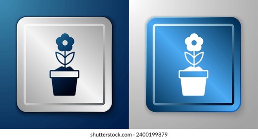 White Flower in pot icon isolated on blue and grey background. Plant growing in a pot. Potted plant sign. Silver and blue square button. Vector