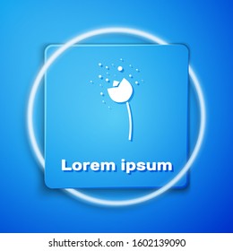 White Flower producing pollen in atmosphere icon isolated on blue background. Blue square button. Vector Illustration