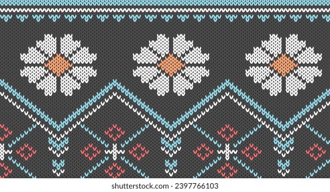 White flower and retro geomatric knitted pattern, Festive Sweater Design. Seamless Knitted Pattern