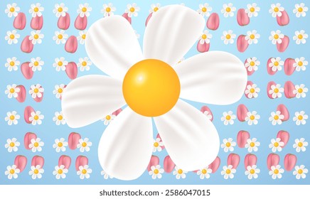 white flower with scattered red petal on abstract blue background