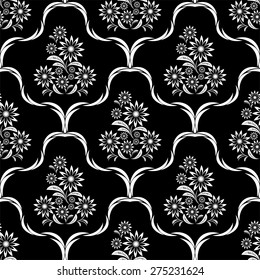 White flower seamless ornate Pattern on black. 