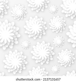 White flower seamless pattern. Cut paper origami. Gray abstract background. Floral texture. Vector Illustration design.