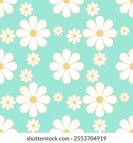 White flower seamless pattern green background