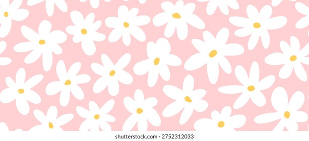 White flower seamless pattern on pink background. Cute hand drawn floral repeated wallpaper. Romantic blossom motif for textile print, fabric swatch, dress ornament, wrapping paper. Vector 