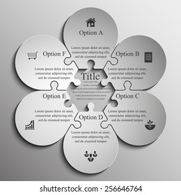 White flower Six piece flat puzzle round infographic presentation. 6 step circle business diagram. Six section compare service banner. Vector illustration template shape . 3d Abstract Background
