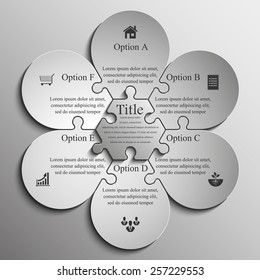 White flower Six piece flat puzzle round infographic presentation. 6 step circle business diagram. Six section compare service banner. Vector illustration template shape . 3d Abstract Background