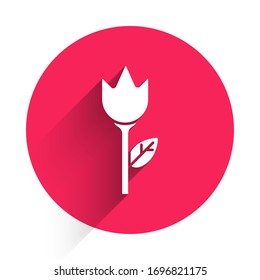 White Flower tulip icon isolated with long shadow. Red circle button. Vector Illustration