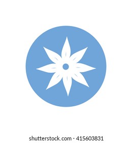 White flower vector illustration. Blue circle. Blue button