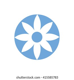 White flower vector illustration icon. Blue circle. Blue button