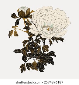 White flower, vintage botanical illustration by Shibata Zeshin, vintage vector element. White flower botanical plant floral illustration. White flower vintage art. Floral vector drawing artwork.
