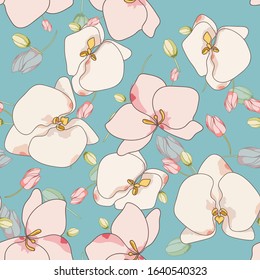 White Flower Watercolor Vector Seamless Pattern. Repeat Blossom Tile. Orchid Decorative Design. Pink Garden Motif.