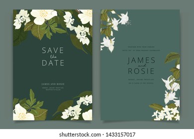 White Flower Wedding Invitation, floral invite thank you, rsvp modern card Design in Stephanotis with leaf greenery  branches decorative Vector elegant rustic template