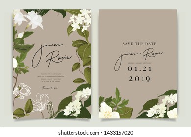 White Flower Wedding Invitation, floral invite thank you, rsvp modern card Design in Stephanotis with leaf greenery  branches decorative Vector elegant rustic template