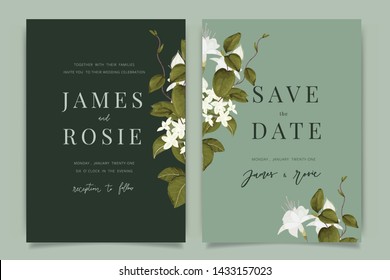 White Flower Wedding Invitation, floral invite thank you, rsvp modern card Design in Stephanotis with leaf greenery  branches decorative Vector elegant rustic template