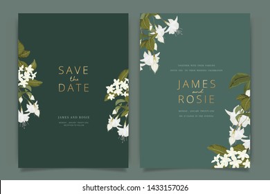 White Flower Wedding Invitation, floral invite thank you, rsvp modern card Design in Stephanotis with leaf greenery  branches decorative Vector elegant rustic template