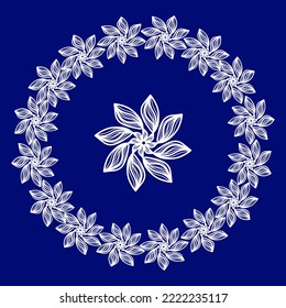 white flower and wreath on a blue background, pattern for greeting