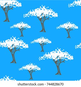 white flowering trees on a blue background. Stylized blooming trees, garden, spring.  Graphic silhouette of the blossom tree. Freehand drawing vector seamless pattern.

