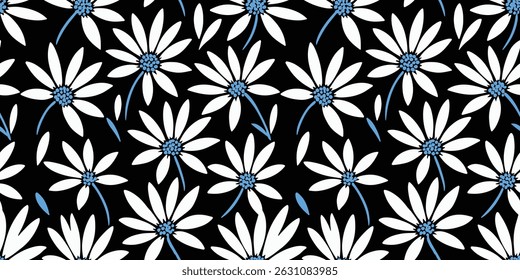 
White flowers, abstract on dark background. Seamless pattern for fashion design, fabric, wallpaper and all kinds of prints.