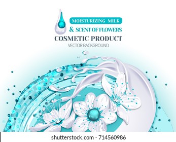 White flowers against the background of a splash of blue water and a splash of cream or moisturizing milk.Design cosmetics product isolated on white.