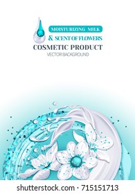 White flowers against the background of a splash of blue water and a splash of cream or moisturizing milk.Design cosmetics product isolated on white.
