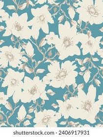 White flowers arranged on a turquoise background. Seamless pattern design textile.