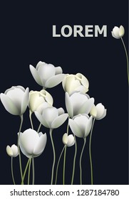 White flowers banner black background Vector. Retro floral backgrounds