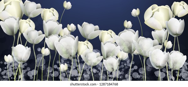 White flowers banner Vector. Duotone retro floral backgrounds