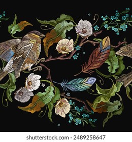 White flowers, birds, flowering apple tree and colorful feathers. Fashion spring style. Seamless pattern. Embroidery design. Garden template for design of clothes, tapestry