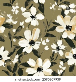 White flowers with black ink outlines on an olive green background, Flower seamless pattern. Watercolor print in rustic vintage style, textile or wallpapers.