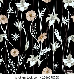 White flowers, black seamless pattern.