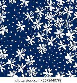 Flores blancas - patrón transparente de fondo azul. Perfecto para las telas de las mujeres y de los niños, decoración del hogar o regalos. Vector de fondo.