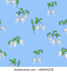 White flowers and blue background. Vector seamless pattern